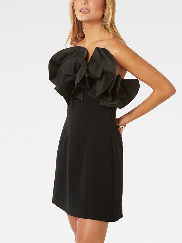 Solid Color Split-Joint Three-Dimensional Flower Zipper A-Line Sleeveless Tube Mini Dresses