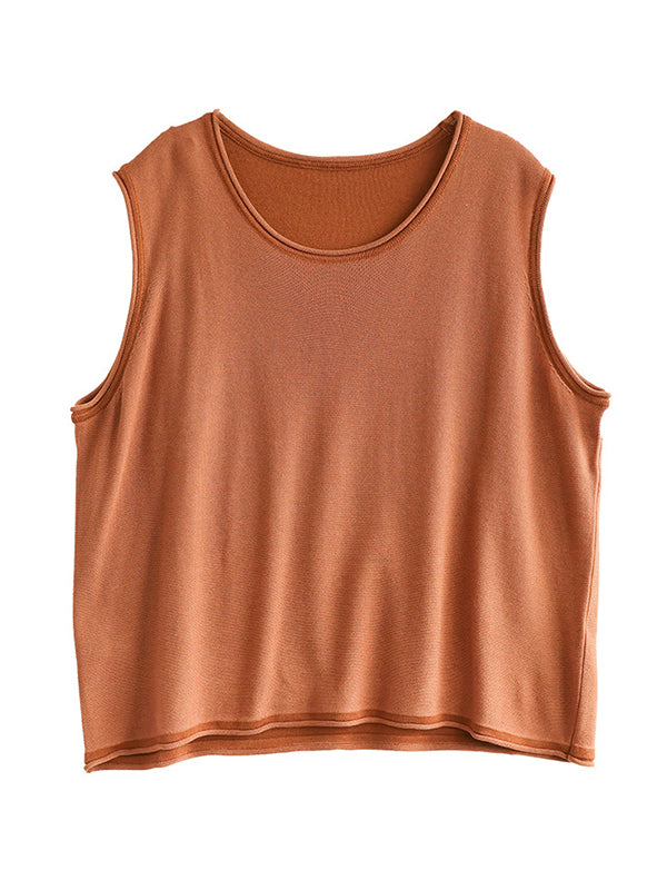 Solid Color Loose Sleeveless Round-neck Knitting Vest Top