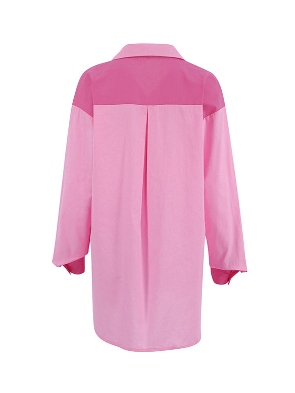 Buttoned Contrast Color Pockets Split-side High-low Long Sleeves Lapel Blouses&shirts Tops