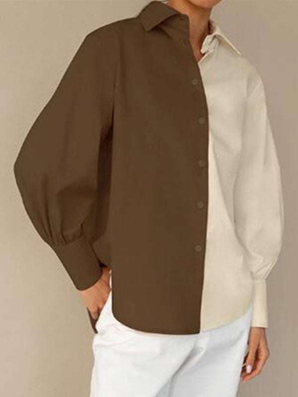 Buttoned Contrast Color Long Sleeves Loose Lapel Blouses&Shirts Tops