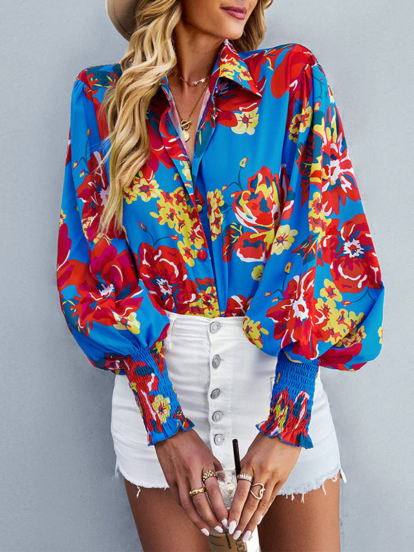 Buttoned Elasticity Flower Print Long Sleeves Loose Lapel Blouses&Shirts Tops