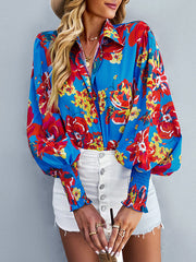 Buttoned Elasticity Flower Print Long Sleeves Loose Lapel Blouses&Shirts Tops