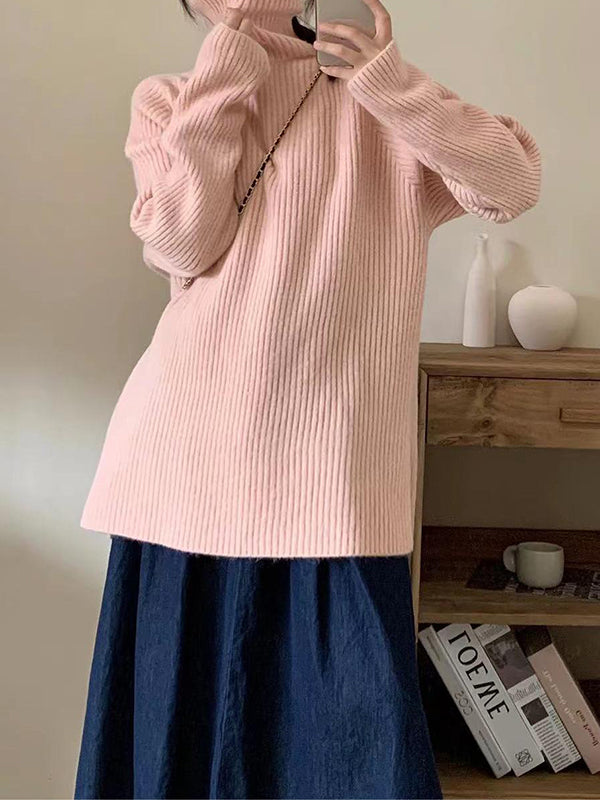 Solid Color Split-Joint Split-Side Long Sleeves Loose High Neck Sweater