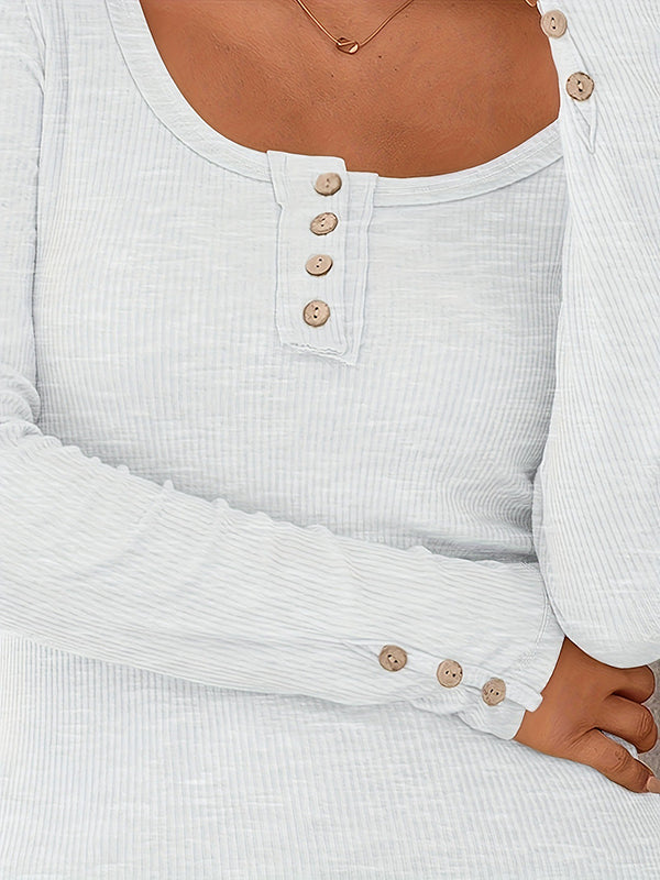 Buttoned Solid Color Long Sleeves Skinny Square-Neck T-Shirts