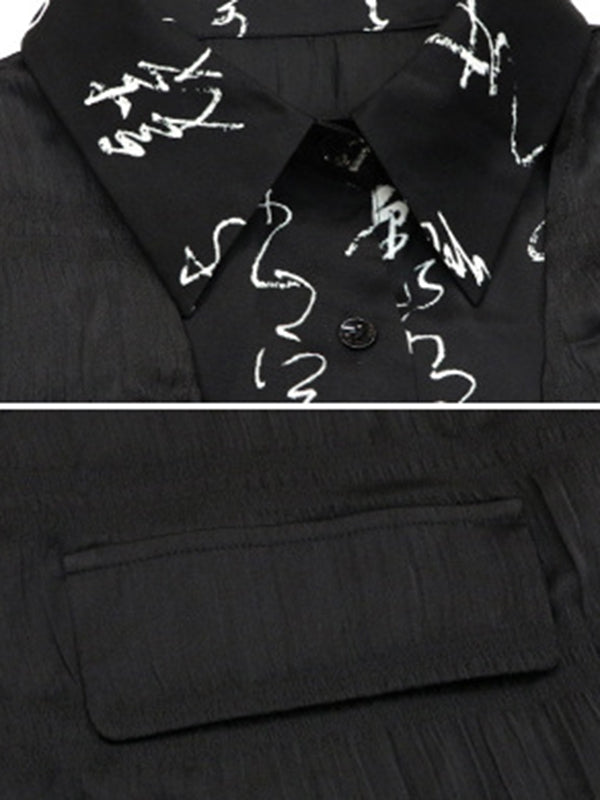 Lace-Up Printed Split-Joint Tiered False Two High-low Lapel Blouses&shirts Tops