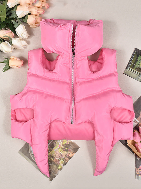 Hollow Solid Color Zipper Loose Sleeveless Stand Collar Padded Vest