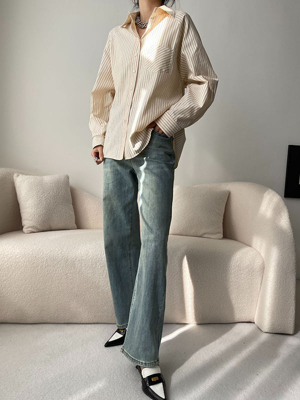 Split-Joint Striped Long Sleeves Loose Lapel Blouses
