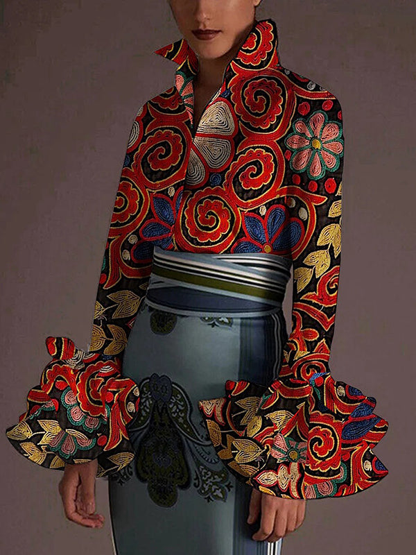 Buttoned Flower Print Flared Sleeves Long Sleeves Lapel Blouses&Shirts Tops