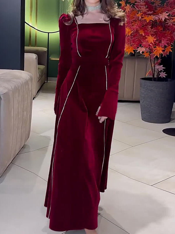 Long Sleeves Wrap Bandage Belted Contrast Color Square-Neck Maxi Dresses