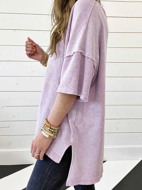 Split-Joint Half Sleeves High-Low Round-Neck T-Shirts Tops