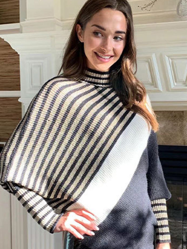 Trendy Batwing Sleeves Long Sleeves Striped High-Neck Sweater Tops