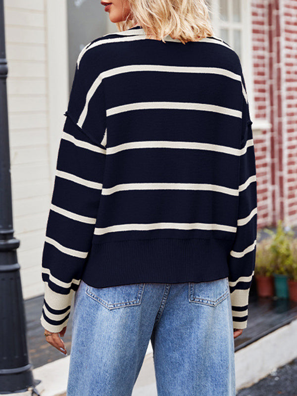 Contrast Color Split-Joint Striped Long Sleeves Loose V-Neck Sweater Tops Pullovers