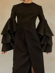 Flared Sleeves Asymmetric Layered Ruffled Solid Color Split-Back Split-Front Midi Dresses