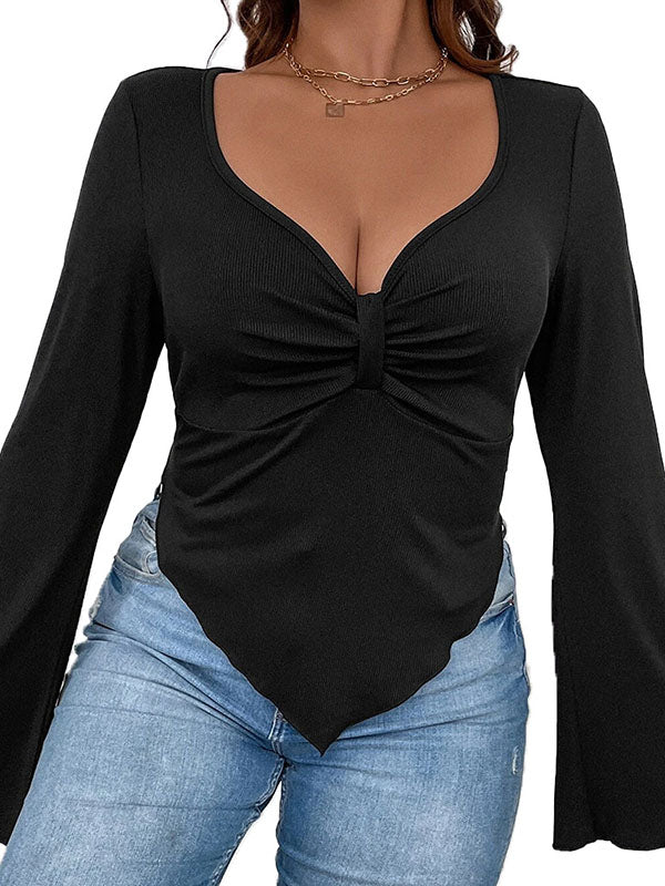 Pleated Solid Color Flared Sleeves Long Sleeves Deep V-Neck T-Shirts Tops