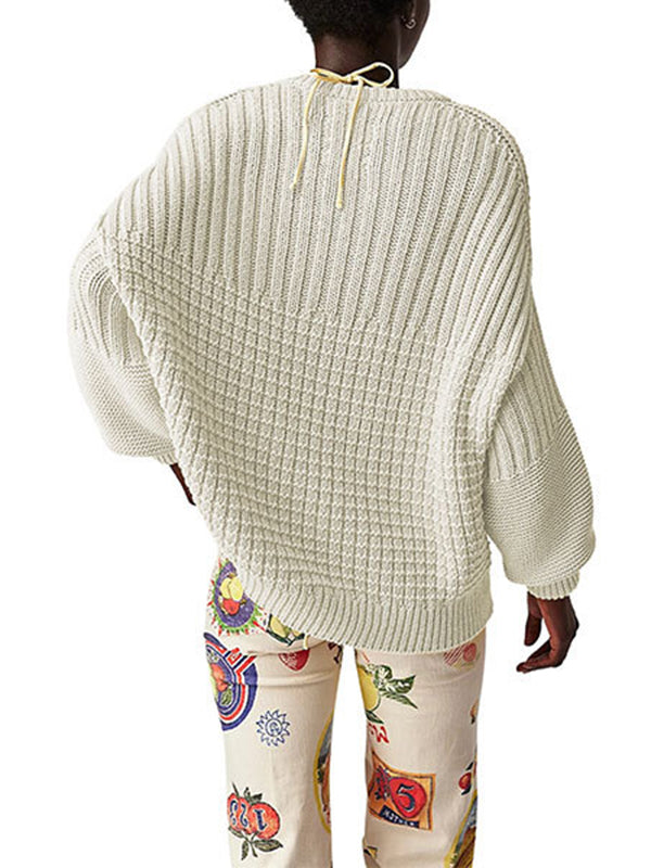 Solid Color Long Sleeves Loose Round-Neck Sweater Tops Pullovers