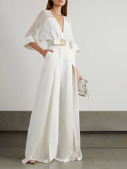 Solid Color Split-Front Contrast Color Tied Waist High Waisted V-Neck Jumpsuits