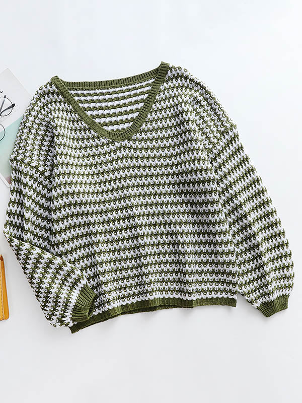 Original Loose Striped 8 Colors V-Neck Long Sleeves Sweater Top