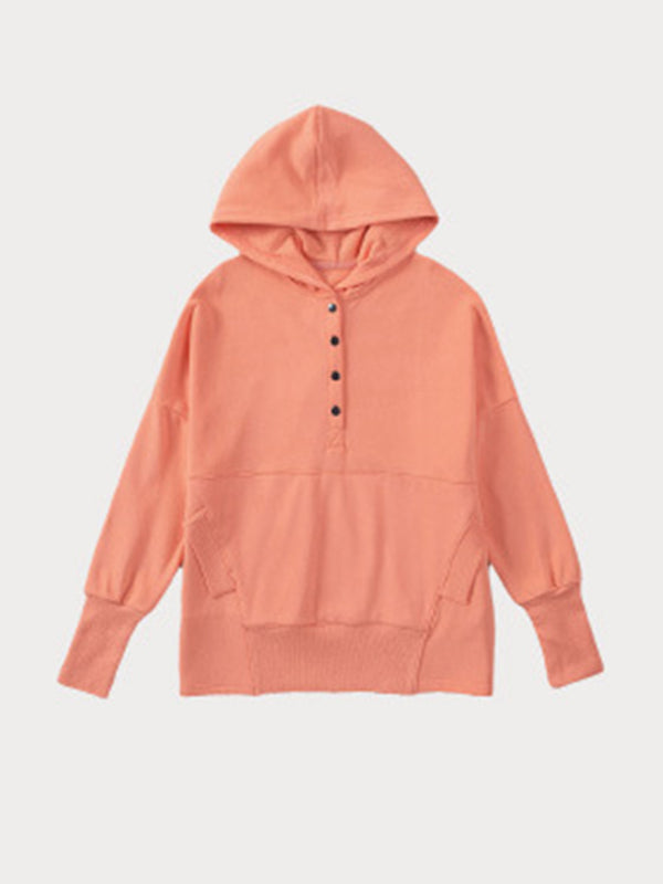 Buttoned Hooded Split-Joint Batwing Sleeves Long Sleeves V-Neck Hoodies Tops