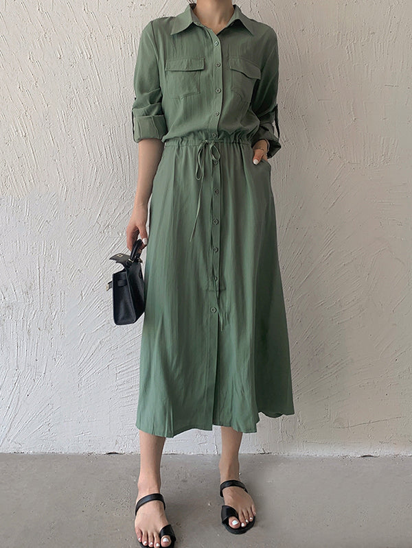 Casual A-Line Long Sleeves Bandage Solid Color Lapel Collar Shirt Midi Dresses