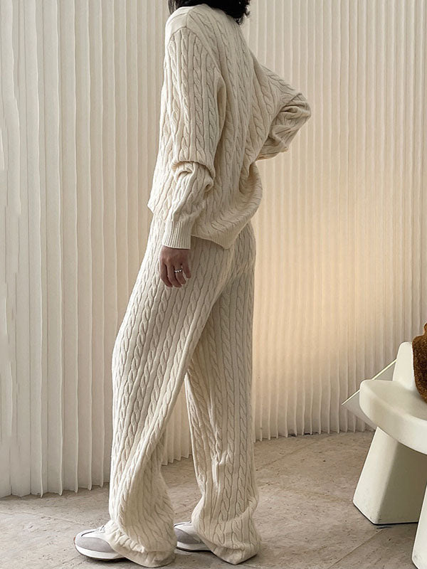 Casual Loose Long Sleeves Jacquard Solid Color Round-Neck Sweater Tops