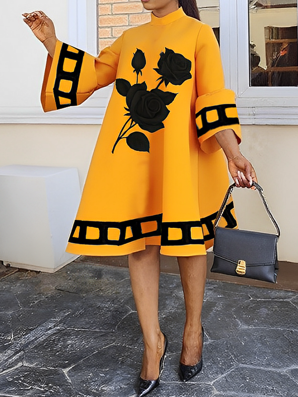 Flower Print Split-Joint A-Line Flared Sleeves Mock Neck Midi Dresses