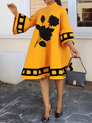 Flower Print Split-Joint A-Line Flared Sleeves Mock Neck Midi Dresses