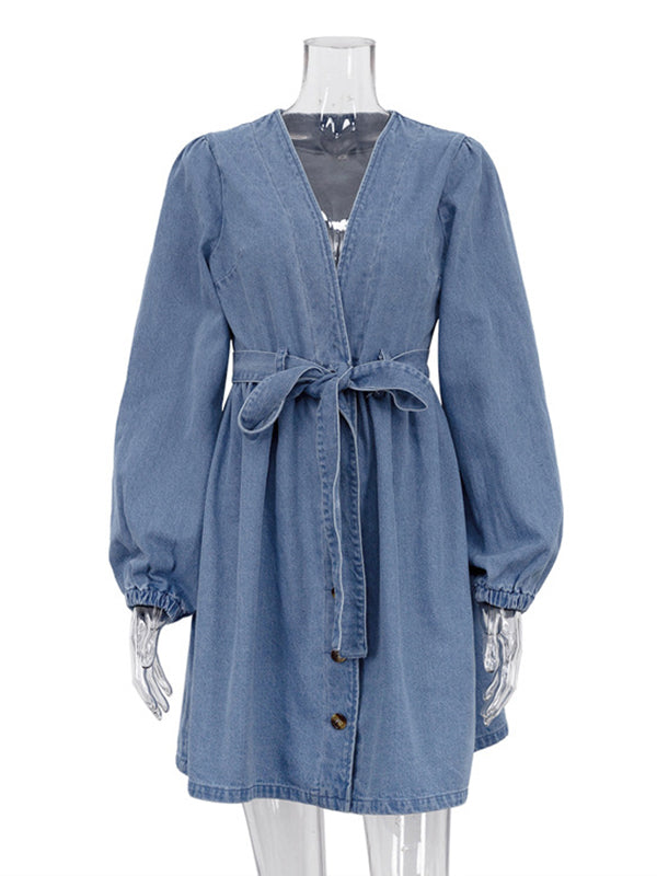 Long Sleeves Loose Split-Joint Tied Waist V-Neck Denim Mini Dresses