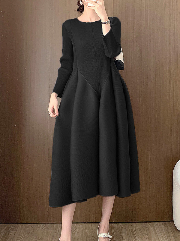Pleated Solid Color Split-Joint A-Line Loose Round-Neck Midi Dresses