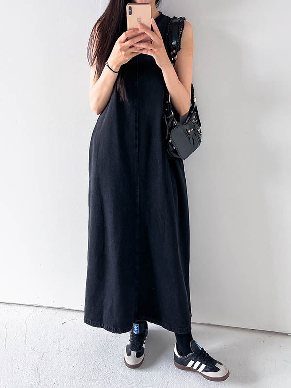 Pockets Solid Color Tied A-Line Loose Round-Neck Maxi Dresses