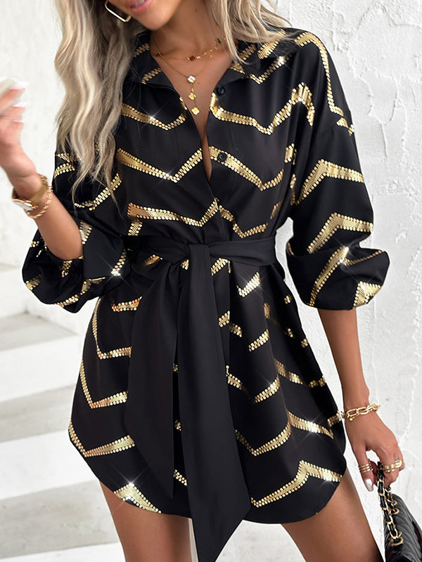 Buttoned Elasticity Striped Tied Waist Long Sleeves Loose Lapel Shirt Dress Mini Dresses