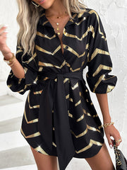 Buttoned Elasticity Striped Tied Waist Long Sleeves Loose Lapel Shirt Dress Mini Dresses