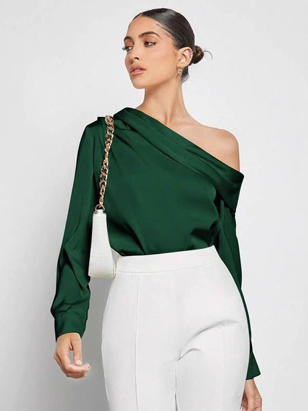 Pleated Solid Color Split-Joint Long Sleeves Skinny One-Shoulder Blouses&Shirts Tops