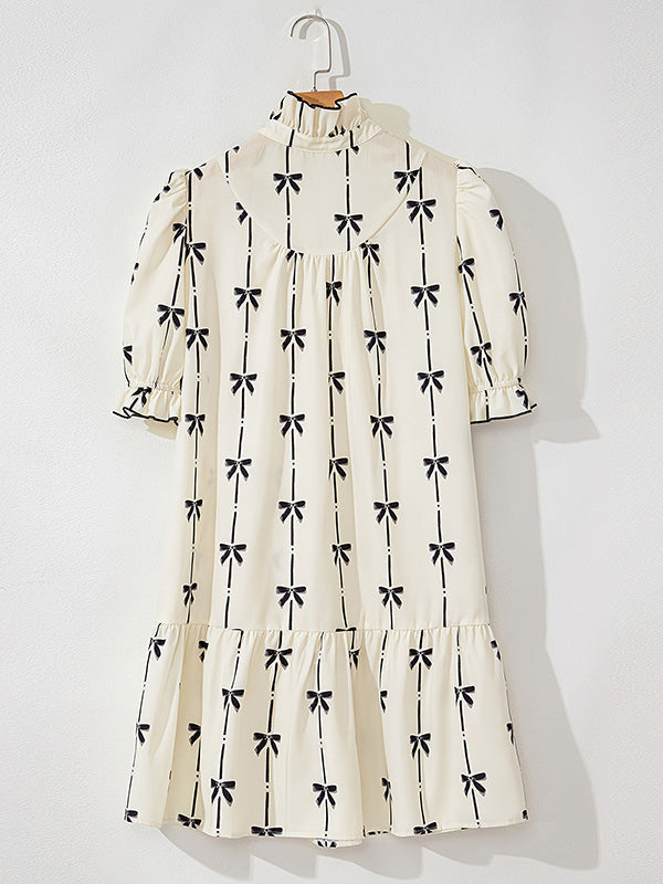 Bowknot Contrast Color Printed Split-Joint A-Line Loose Stand Collar Midi Dresses