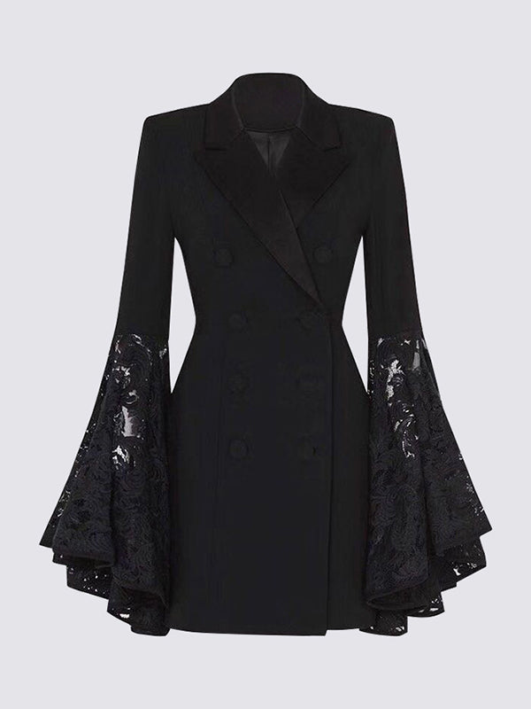 Asymmetric Buttoned Solid Color Split-Joint Flared Sleeves Long Sleeves Notched Collar Outerwear Blazer
