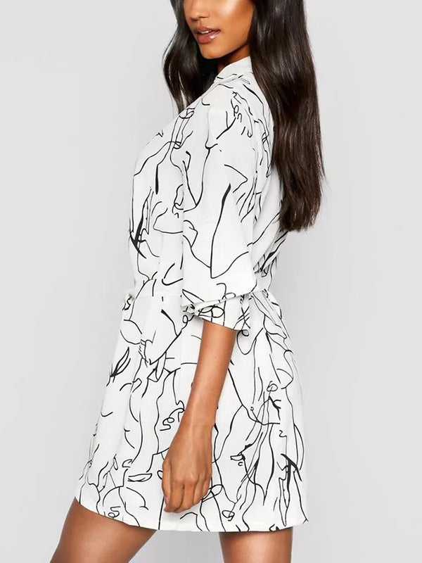 Buttoned Elasticity Pleated Printed Batwing Sleeves Half Sleeves V-Neck Mini Dresses
