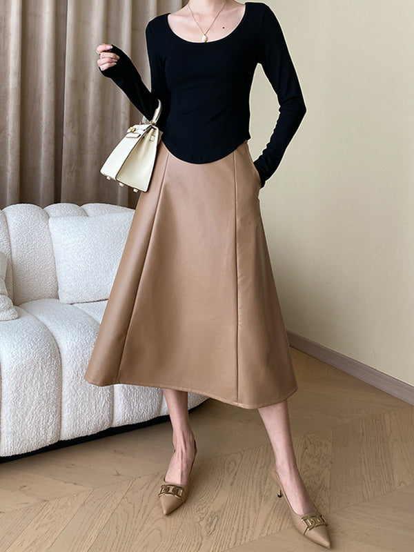 Solid Color Long Sleeves Skinny U-Neck T-Shirts Tops