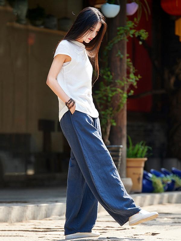 Burgundy&Navy Blue Ramie Cotton Casual Linen Bloomers Pants