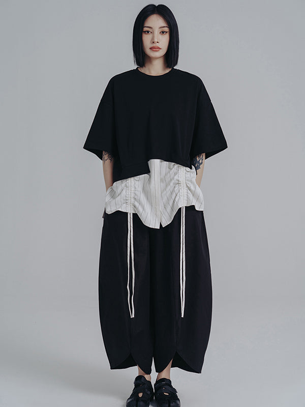 Urban Striped Drawstring Split-Joint False Two Split-Joint T-Shirt
