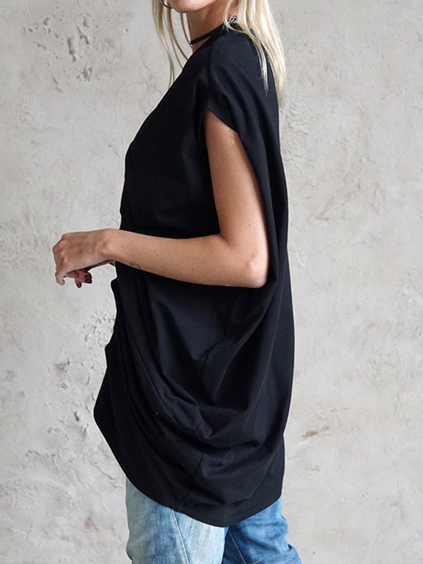 Pleated Solid Color High-low Loose Round-neck T-Shirts Tops
