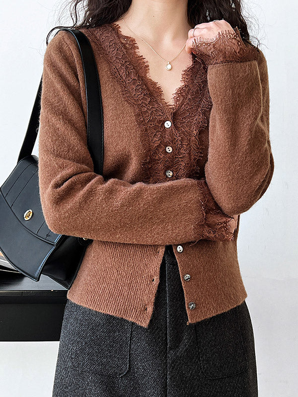 Buttoned Split-Joint Long Sleeves V-Neck Cardigan Tops