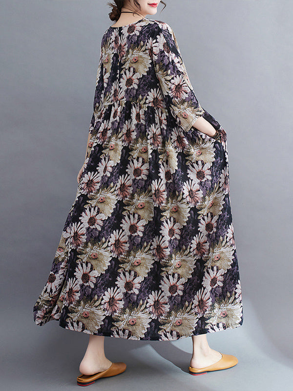 Floral Printed Pleated Split-Joint Loose Raglan Sleeve Round-Neck Midi Dresses