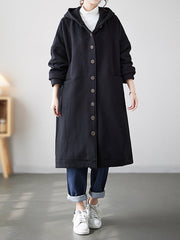 Buttoned Pockets Long Sleeves Loose Hooded Outerwear