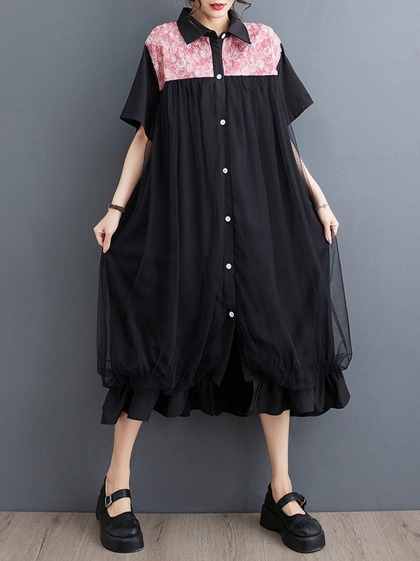 Falbala Printed Split-Joint Loose Short Sleeves Lapel Midi Dresses