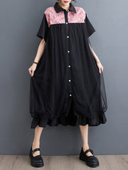 Falbala Printed Split-Joint Loose Short Sleeves Lapel Midi Dresses