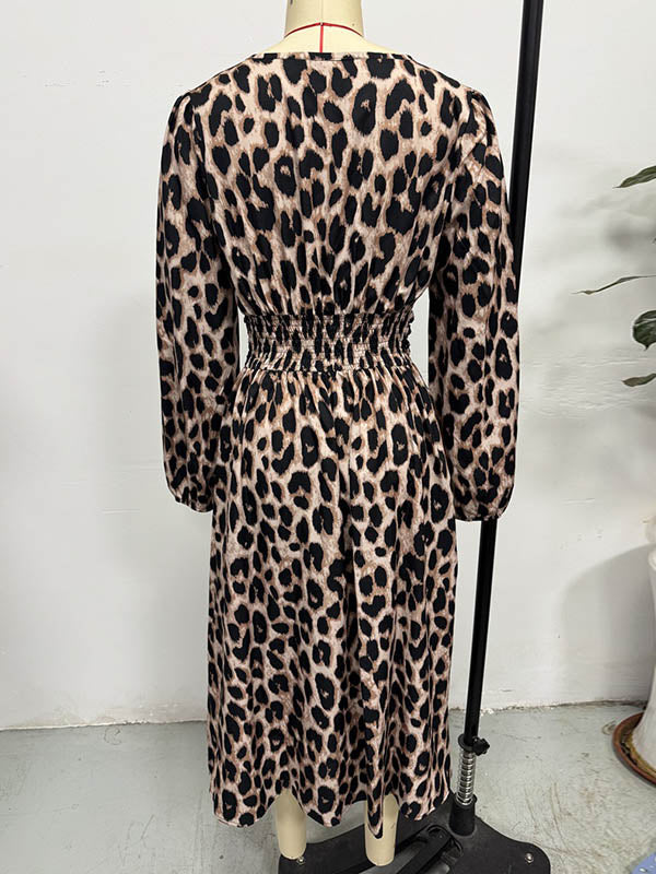 Contrast Color Leopard Pleated Split-Joint Elasticated Waist High Waisted V-Neck Maxi Dresses