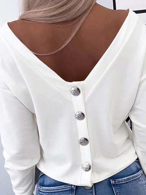Buttoned Solid Color Long Sleeves Loose Round-Neck T-Shirts Tops