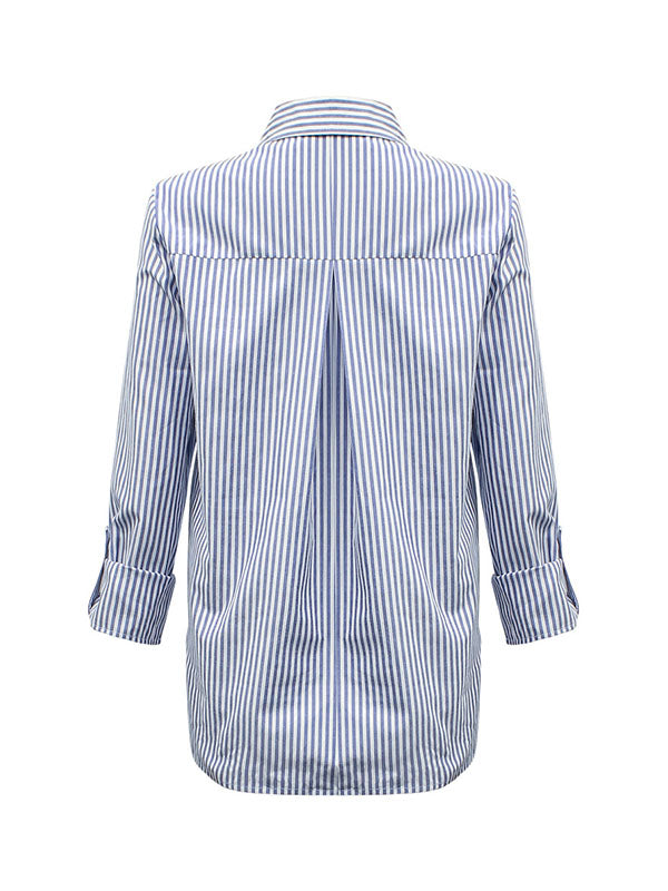 Buttoned Pockets Split-Joint Split-Side Striped High-Low Long Sleeves Lapel Blouses&Shirts Tops