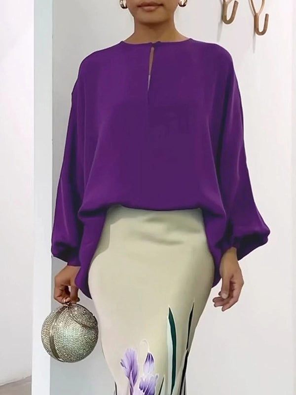 Hollow Solid Color Long Sleeves Loose Round-Neck Blouses&Shirts Tops