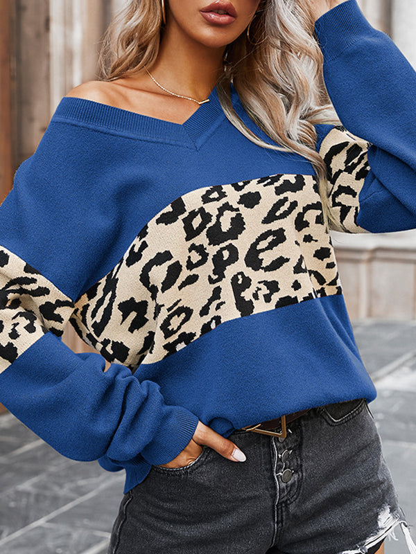 Leopard Split-Joint Long Sleeves Loose V-Neck Sweater Tops Pullovers