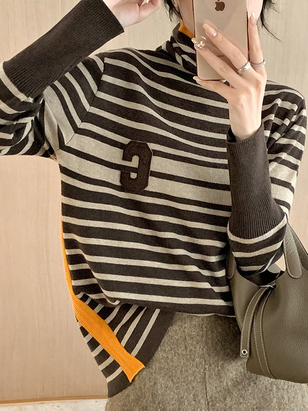 Contrast Color Knitted Letters Split-Joint Striped Long Sleeves Loose High Neck Sweater Tops Pullovers
